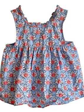 Blue Floral Sleeveless Babydoll Top with Red Flowers